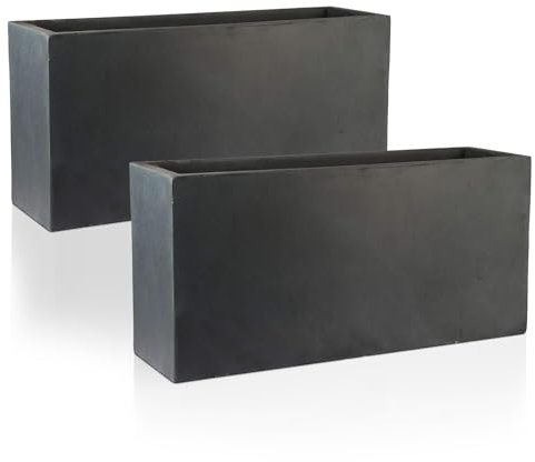 IDEALIST Set of 2 65cm Large Trough | Dark Grey Reinforced Stone Rectangle Plant Pot | Garden Planters with Drainage Holes L65 W19 H30 cm, 37 litres
