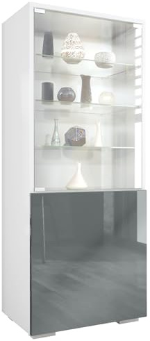 Vitrine Granada, Made in Germany, Vitrinenschrank mit Glastür und Glaseinsatz, Weiß matt/Grau Hochglanz (50 x 122,5 x 34,5 cm)