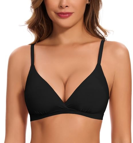 WOWENY Padded Bras for Women Non Wired Bralette Deep-V Plunge Triangle Seamless Ladies Sleep Bra Comfort Soft Black M