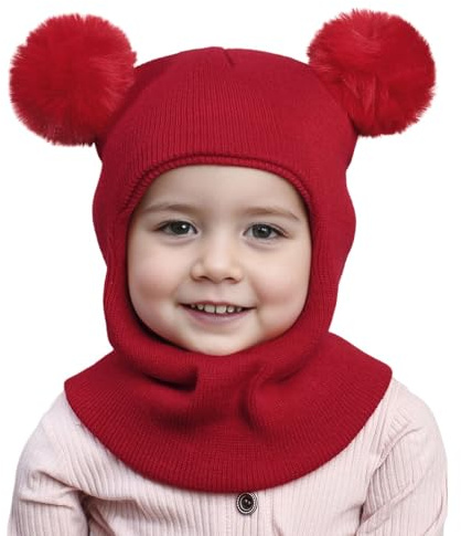 DRESHOW Bebis Mössa Vinter Varm Mössa Halsduk Barn Beanies Stickad Huva Mjuka Hattar med Dubbel Pom Pom för Småbarn Pojkar Flickor 1-6 År