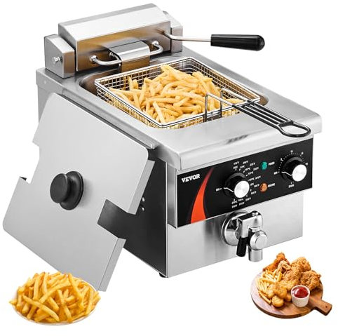 VEVOR Friteuse commerciale 3000 W, friteuses à bain d'huile électrique avec panier, en acier inox épaissi, 5,9 L, avec contrôle du temps et de la température, pour cuisine, restaurant, café, argenté