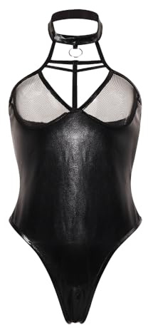 Satohom Mujer Sexy Halter Body De Cuero,Conjunto De Lencería De Piel Sintética Suave Con Escote En v y Cuello,Ropa Interior De Bikini Con Efecto Mojado,Camisón Push Up Sin Espalda Para Fiesta En Club