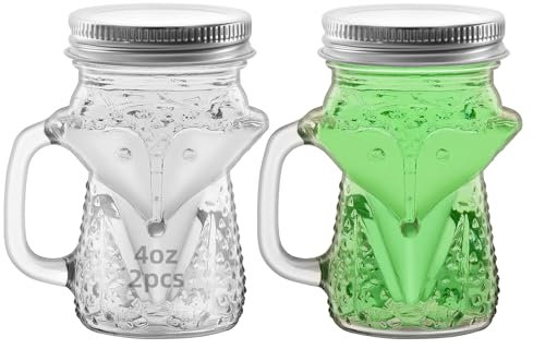 eispap 2 Pcs fox 4 oz Mini Mason Jar Mugs Mason Jar Mugs with Handles and Lids Small Drinking Glass and DIY Favor Decor Wedding Bridal Shower Party Supplies for Drinks, Gifts, Candles and Crafts