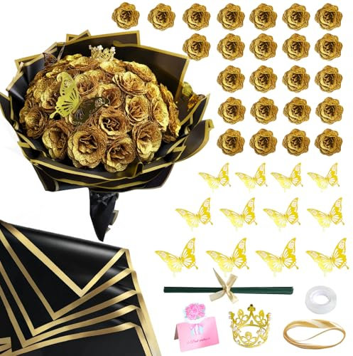 CCYXSHOW DIY Glitter Roses Bouquet Kit Gold- 24 Fake Shiny Flowers with Stems Butterfly Crown Eternal Floral for Graduation Handmade Wedding Bouquet Anniversary Birthday Gift