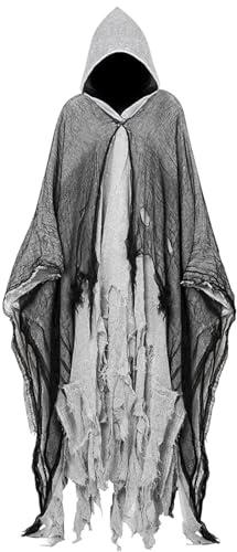 ALINILA Costume Halloween Uomo Horror - Costume Fantasma Halloween Mantello con Cappuccio - Vestito Morte Strega Fantasma Adulto Uomo Donna (Grigio)