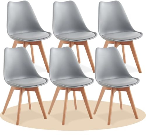Dekohome Pack de 6 Sillas de Comedor, Sillas de Cocina con Respaldo Ergonómico, Asiento Acolchado Tapizado y Patas de Madera Maciza de Haya, Gris