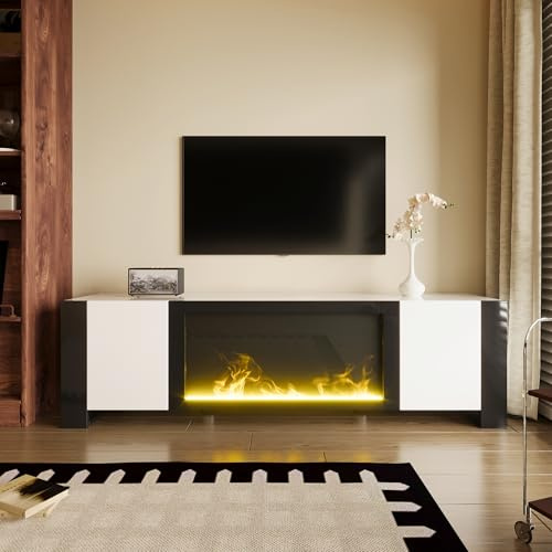 TV-Schrank mit dekorativem Elektrokamin ohne Heizfunktion, Hochglanz-Lowboard mit 2 Türen und Innenregalen, stabiles Wohnzimmermöbel, eleganter Fernsehständer Weiß und Schwarz