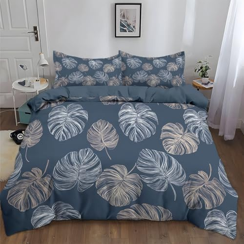 Girls Boys Kids Storm GraySimple Style Monstera Leaves King Reversible Soft Easy Care Bed Linen Duvet Cover Quilt Bedding Set With Pillow Case