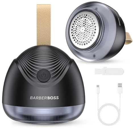 BarberBoss Fabric Shaver, Cordless Rechargeable Lint Remover for Clothes & Furniture, 90-Minute Runtime, Fuzz remover with Clear Lint Container and Dual-Blade System, QR-3102, Black