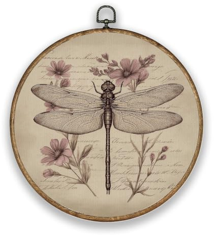 Hobbspring Libélulas flores plantas fuente madera marco de plástico texturizado redondo arte de pared decoración de pared 26 cm color vintage poliéster colgante de pared decoración de puerta para