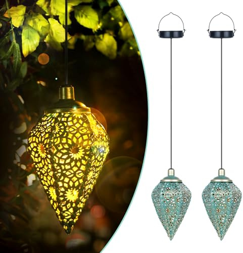 Solarlaterne für Außen Hängend 2 Stück, Metall Solar Laterne für Draußen IP65 Wasserdicht, Grüngoldene Orientalische Solarlampen für Außen mit Haken für Balkon Terrasse Patio Baum Geschenk(Olivenform)