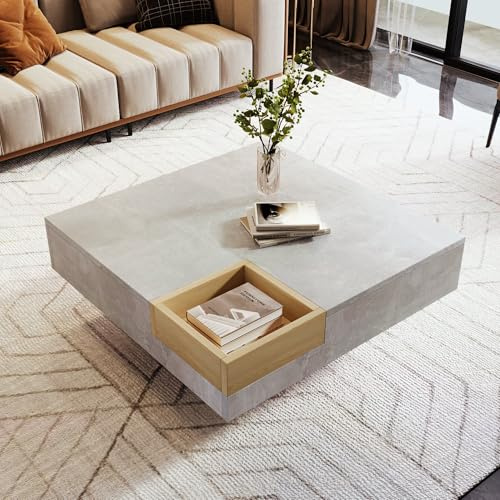 CelticHearth Mesa de centro con caja de almacenamiento extraíble, gris hormigón y madera, tablero de partículas, 72 x 72 x 30 cm, mesa de salón