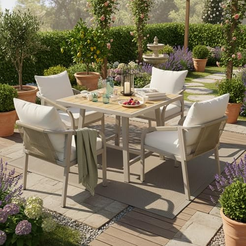 FammyLoft 4 Seater Garden Dining Set, Outdoor Patio Furniture with 4 Rope Weave Chairs & Table, Plastic Wood Tabletop with Parasol Hole, Weather-Resistant Set for Garden Balcony, Beige