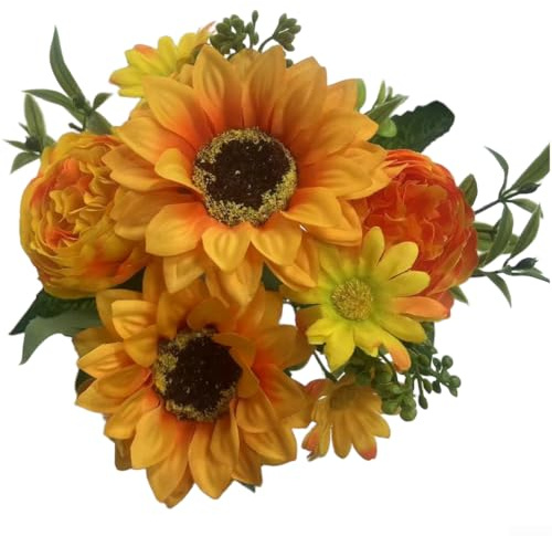 Künstlicher Sonnenblumenstrauß, realistische Pfingstrose und Chrysanthemen-Blumen – für Hochzeit, Zuhause, Urlaub, Dekorationen, leichter Strumpf Siebdruck-Blumen (F)