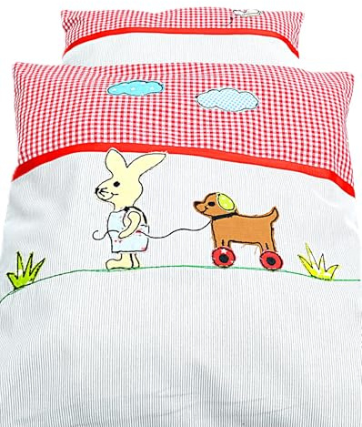 Puppenbettwäsche 2-TLG. -Kissenset Hasenkind, Set mit Kaninchen-Stickbild
