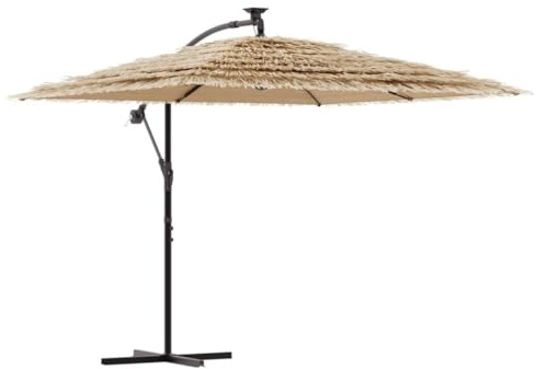Favemtsl Parasol de jardin avec toit en paille marron 246 x 246 x 230 cm – Parasol avec mât en acier et système de manivelle – Parasol de marché pour jardin, terrasse et balcon – Parasol de plage