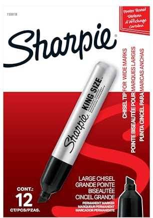 Sharpie King Size Permanent Markers, Chisel Tip, Black, 12 Count - Thick Poster Markers, Heavy Duty For Work & Industrial Use, High Capacity Ink Supply, For Paper, Metal, Plastic, And More