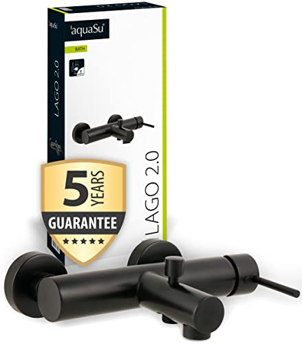 'aquaSu® Wannenarmatur in schwarz Lago 2.0 | Badewannenarmatur mit Umsteller | Einhebelmischer Wanne mit Stickgriff | Keramikkartusche mit Wassersparfunktion | Messing | Brauseanschluss 1/2 | 78385 9