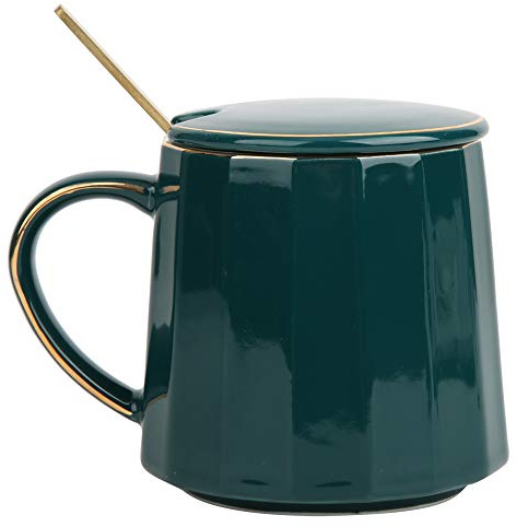 Keramik Tasse dunkelgrüne Teetasse Teetasse Goldrand Kaffeetasse mit Deckel und Löffel für Home Office Geburtstagsgeschenk