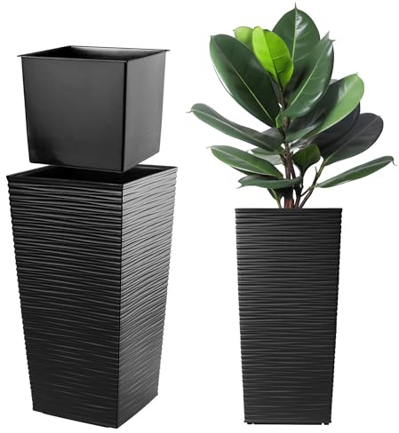 KADAX Pflanzkübel mit Innentopf, Höhe 57cm, 29x29cm, ca. 24L – Schwarz, Frostsicherer Blumentopf für Innen & Außen, Garten, Balkon & Terrasse, UV-beständig, wetterfest