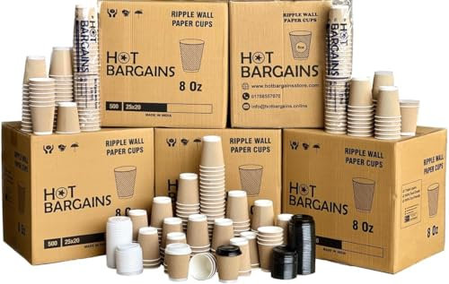 HOT BARGAINS - Kraft Triple Walled Disposable Paper Ripple Cups - 50 X 8oz/ 230ml, Hot Drink Cups + Lids