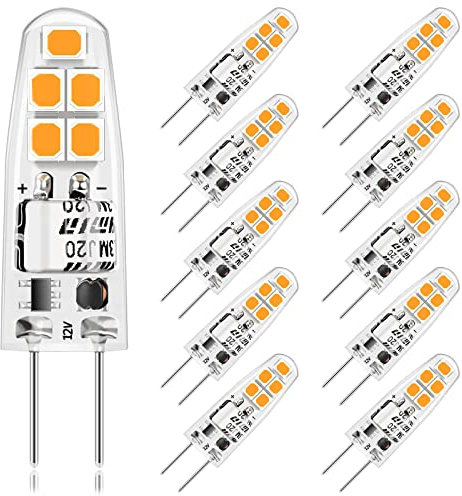Anmossi Bombillas LED G4,2W G4 LED Bulbo,Equivalente a 20W Bombillas Halógenas,AC/DC 12V,Blanco Cálido 3000K,200Lm,Sin Parpadeo,No Regulable,Bombilla de Ahorro de Energía LED G4,Paquete de 10