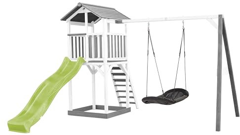 AXI Beach Tower Spielturm aus Holz in Weiß & Grau | Spielhaus für Kinder mit hellgrüner Rutsche, Nestschaukel und Sandkasten | Stelzenhaus für den Garten