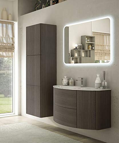 Mueble de baño suspendido Eden roble oscuro, 90 cm, espejo con LED, lavabo y columna