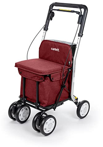 Carlett - Lett800 Comfort Move | Einkaufstrolley | 4-Rad Faltbarer Einkaufswagen | Medizinprodukt der Klasse I | Abnehmbare Tasche 29 l/15 kg | Rollator mit Sitz | Ablagefach | Rot..