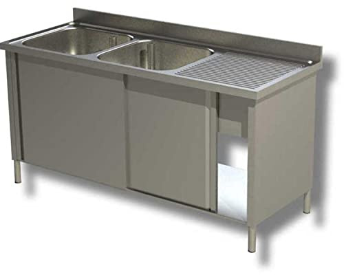 Ristoattrezzature Lavello Armadiato in Acciaio Inox - Professionale, per Cucine Ristoranti e Pizzerie - 2 Vasche, Gocciolatoio a Dx e 2 Porte Scorrevoli - 180x60x85h cm