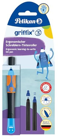 Pelikan® Griffix Schreiblernen Tintenroller | Mittlere Feder | Für Tintenpatronen Für Links und Rechtshänder | Büro Schule Studium Arbeit | Kalligraphie Komfortables und Glattes Schreiben | Neon Black
