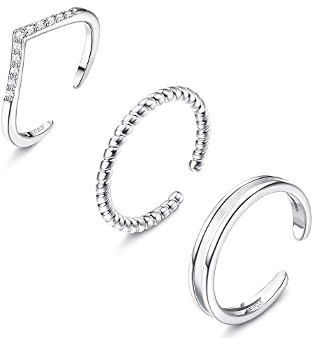 Sllaiss 3st S925 Tåringar Sterling Silver Justerbar Öppen Tå Ringar Set Cubic Zirconia Toe Ringar Vitguld Pläterad Sommar Strand Fot Smycken Stapling Knogar För Kvinnor Set B
