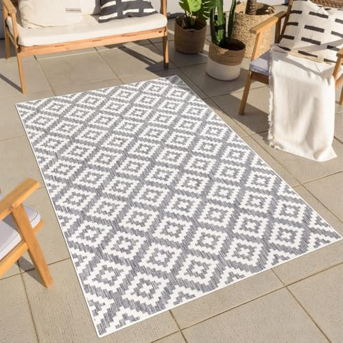 carpet city Teppich Outdoor Wetterfest - Grau - 280x380 cm - Rauten-Optik - Balkon Teppich Wasserabweisend - In-& Outdoor Teppiche für Terrasse, Garten, Küche, Bad oder Wohnzimmer