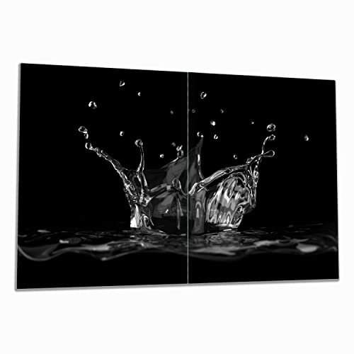 Wallario Herdabdeckplatte/Spritzschutz aus Glas, 2-teilig, 80x52cm mit 13 mm hohen Füßen, für Ceran- und Induktionsherde, Aufspritzendes Wasser Schwarz-Weiß