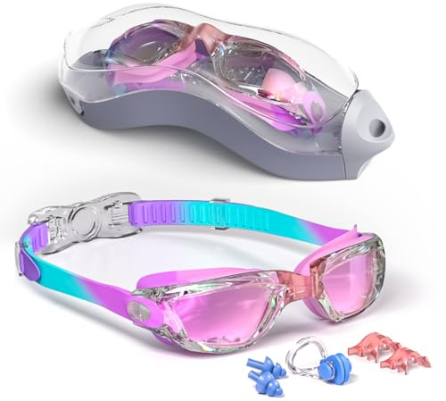 Hurdilen Kids Swim Goggles, Swimming Goggles for Kids Children, Anti-Fog Anti-UV Youth Swim Glasses with Nose Clip, Earplugs for Age 3-15