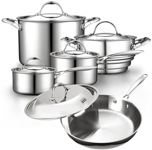 Cooks Standard Juego de utensilios de cocina de acero inoxidable, 10 piezas de ollas y sartenes revestidas de varias capas con asas que se mantienen frías, apto para lavavajillas, plateado