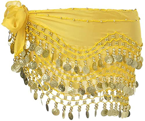 SamHeng Damen Bauchtanz Gürtel Chiffon Hüfttuch, Bauchtanz Münztuch Bauchtanz Münzgürtel Tanztuch Bauchtanz Kostüm mit 128 Münzen für Mädchen Frau für Performance Kostüm Bauchtanz Yoga Kurs