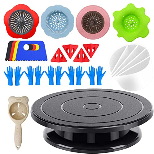 Angela&Alex 11” Rotate Turnable Sculpting Wheel with Acrylic Pouring Strainers Scraper Cone Painter Support Stands Gloves Painting Tools Unique Pattern Train Art Supplies