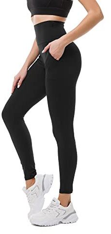 SINOPHANT Sport Leggings Damen mit Taschen, High Waist Sportleggins Lang Blickdicht Laufhose Fitnesshose Sporthose Yogahose für Yoga Sport(#1er Pack Schwarz,S-M)