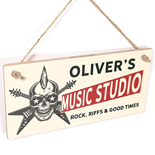 Personalised Music Studio Sign - Beer, Riffs & Good Times decorative skull and flying v guitars graphics door hanging plaque