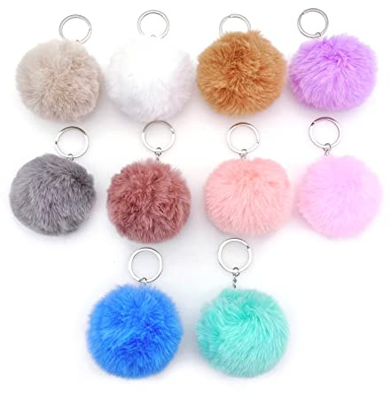 JZK 10x Mehrfarbig Pompom 7cm Flauschiger Schlüsselanhänger für Partys, Geschenk für Mädchen und Frauen