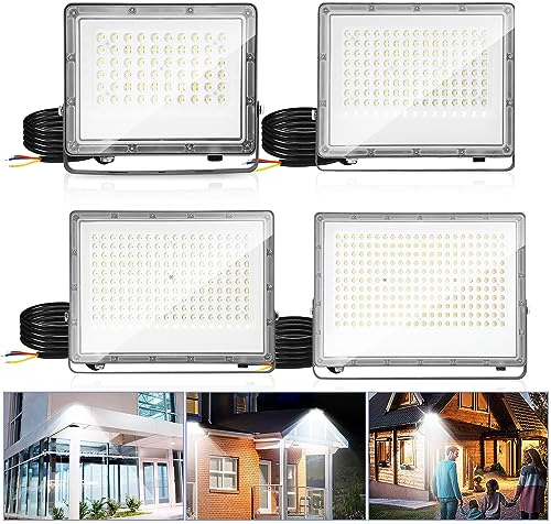 Herrselsam LED Strahler, 4x100W LED Scheiwerfer Superhell 9900LM 6000K Kaltweiß, LED Aussenstrahler IP65 Wasserdicht für Sportplatz, Außen & Innen LED Fluter (Kein Stecker)