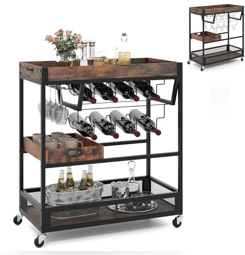 GiantexUK 3-Tier Kitchen Serving Cart, Home Bar Cart Trolley with Wine Rack, Glass Holder, Removable Tray & Handles, Rolling Drinks Trolley on Lockable Wheels (with Removable Middle Tray, 86x40x90cm)