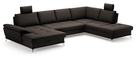 Cavadore Wohnlandschaft Castiel mit Federkern / Sofalandschaft mit großem Longchair, Bett, Bettkasten, Sitztiefenverstellung und Kopfstützen / 363 x 89-104 x 223 / Echtleder, Dunkelbraun