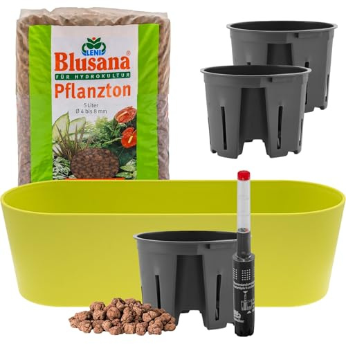 Leni Flori Jardiniere Blumentopf Apfelgrün/hellgrün länglich 36 cm Hydrokultur-Komplett-Set mit Übertopf Hydro-Töpfen Wasserstandsanzeiger & Pflanzton