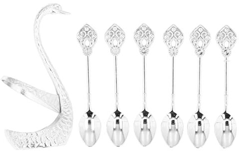 Leopacat Dessert Spoons,Coffee Spoon Set,Stainless Steel Swan Base Holder Organizer Dinnerware Set Mini Dessert Teaspoons Creative Espresso Flatware with 6 Spoons for Home Bar Decorative Tableware