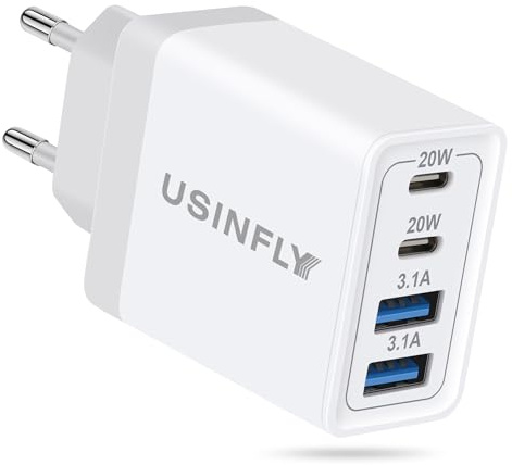 USINFLY European Travel Plug Adapter, 40W 4-Port USB C Wall Charger Plug Type C Fast Charging Block International Power Adaptor US to Europe EU for iPhone 17 16 15 14 13 12 11 Pro Max XS, iPad, Galaxy