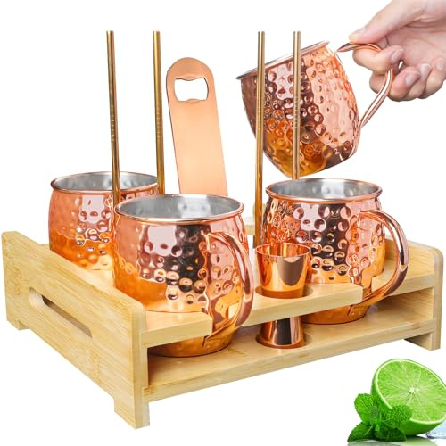 Moscow Mule Tassen Set von 4 mit Bambusständer, große Größe, 530 ml, Kupferbecher, Edelstahlfutter & reine Kupferbeschichtung für gekühlte Getränke