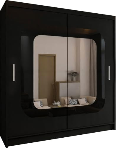 MN Furniture Chennai Mirror Sliding Door Freestanding Wardrobe Transforms Your Space with Style 150cm/203cm (Black, 203cm)