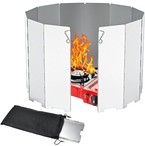 HEKOBAG Parabrisas Plegable para Camping, 12 Placas Parabrisas Plegable de Aluminio, Pantalla de Viento de Aleación de Aluminio, Estufa Parabrisas Aluminio Portátil para Camping Exteriores Barbacoa